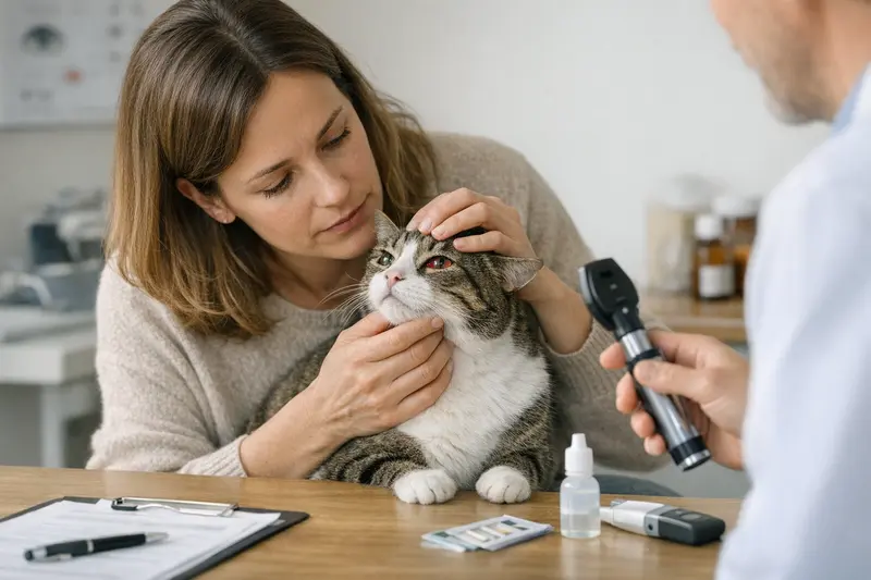 Tierarztkosten bei Augenentzündung bei Katzen Tierarzt untersucht die Augen einer Katze mit einer Augenentzündung.