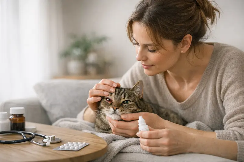 Katzengesicht mit Augenproblemen, das beim Tierarzt untersucht wird.