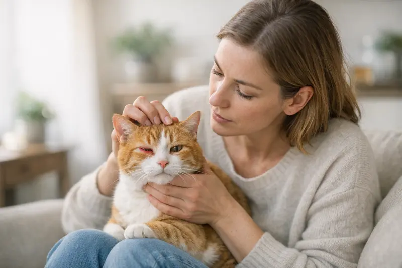 Katze mit tränendem Auge beim Tierarzt Eine Katze mit gerötetem Auge, die zur Untersuchung beim Tierarzt gebracht wird.