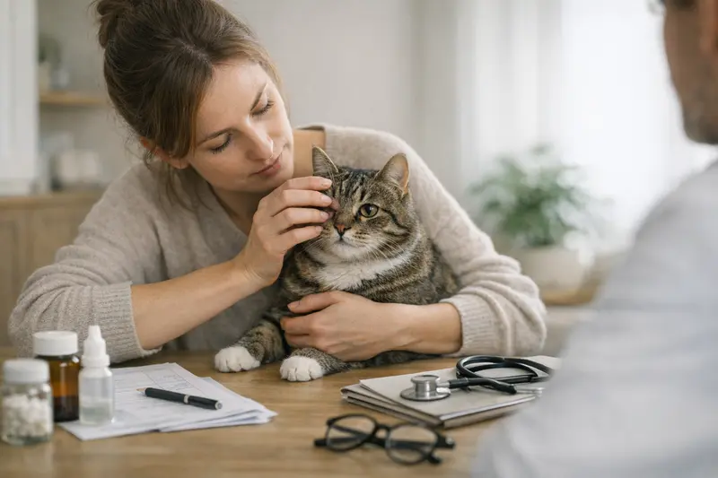 Tierarzt untersucht eine Katze mit Augenentzündung, um Diagnose und Behandlung festzulegen.