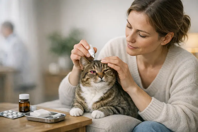 Tierärztliche Untersuchung eines Katers aufgrund einer Augenentzündung.