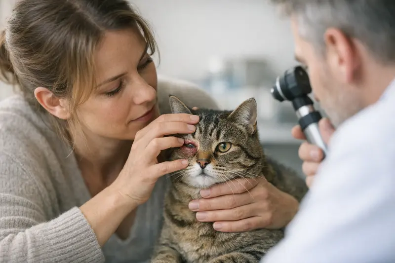 Katzenultraschall beim Tierarzt Eine neugierige Katze sitzt in einem Untersuchungsraum beim Tierarzt und blickt besorgt.