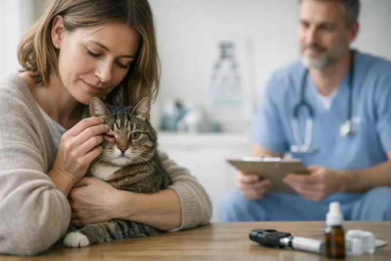 Katzenuntersuchung bei Augenproblemen Katze unterzieht sich einer tierärztlichen Untersuchung zur Klärung von Augenbeschwerden.