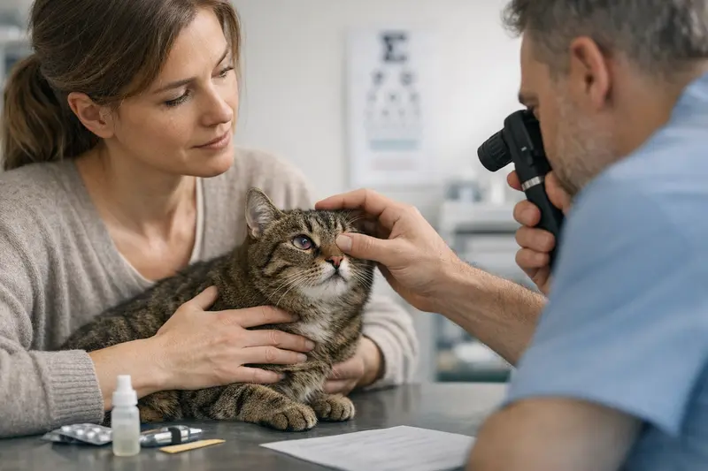 Eine Katze wird von einem Tierarzt auf Augenprobleme untersucht.