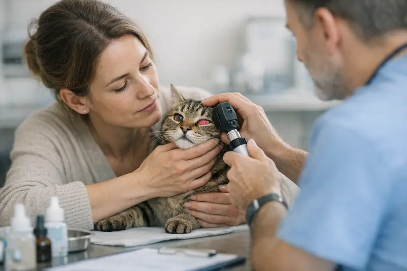 Eine Katze wird von einem Tierarzt wegen einer Augenentzündung untersucht.