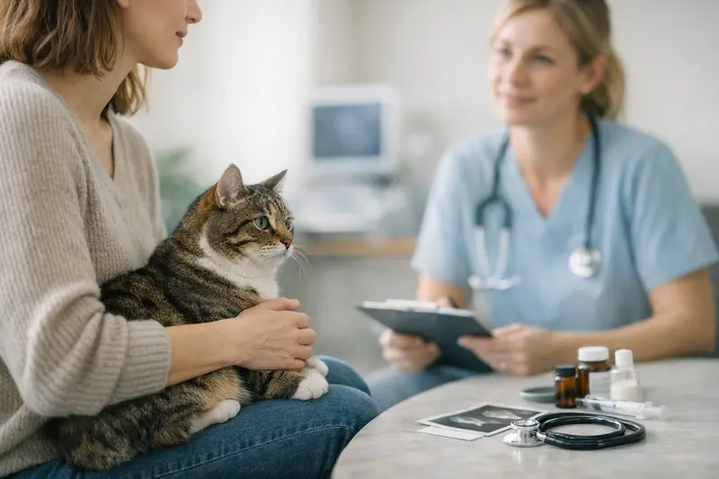 Katzenversicherung und Tierarztkosten Eine Katze beim Tierarzt, die auf Diagnostik und Nachsorge untersucht wird.