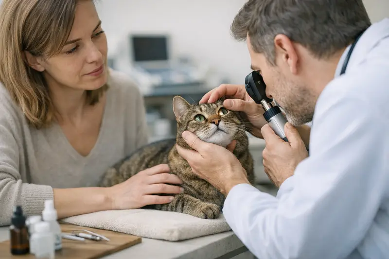 Augenuntersuchung bei Katzen Tierarzt untersucht die Augen einer Katze bei Symptomen, um mögliche Ursachen festzustellen.