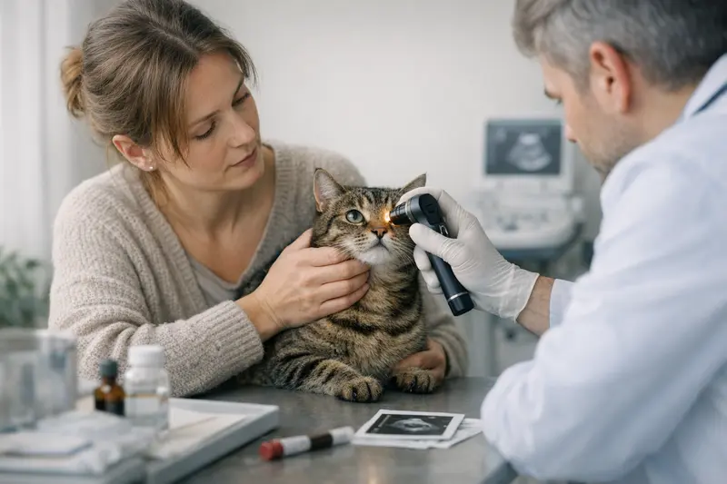 Tierarztkosten bei Augenproblemen bei Katzen Tierarzt untersucht eine Katze auf Augenprobleme und erklärt die entstehenden Kosten.