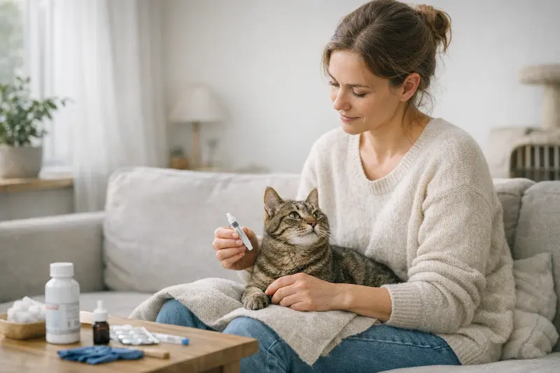 Katze beim Tierarzt für Vorsorgeuntersuchung Eine Katze sitzt entspannt beim Tierarzt, während ihr Impfstatus überprüft wird.