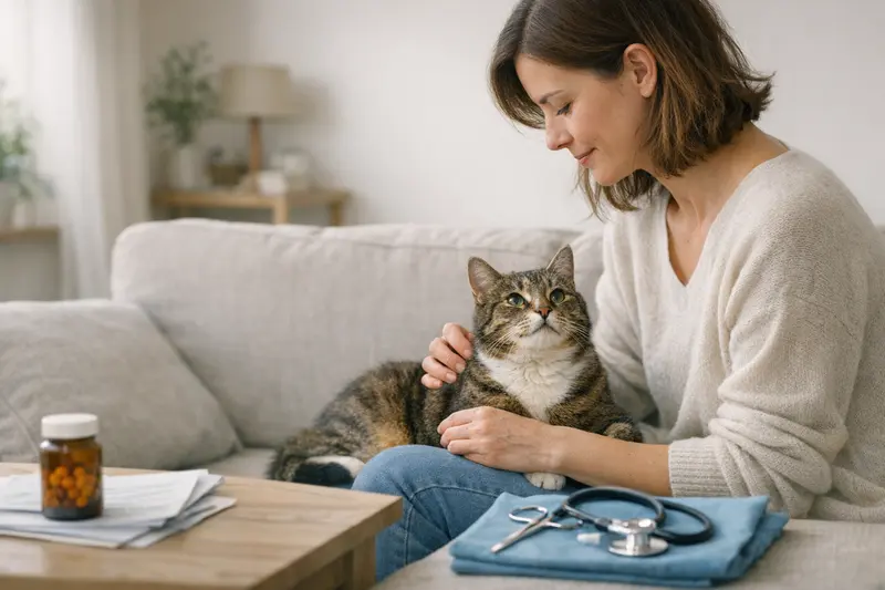 Katzenversicherung Optionen Eine glückliche Katze im Tierheim, die auf eine OP-Versicherung oder Krankenversicherung wartet, um ihre Gesundheit abzusichern.