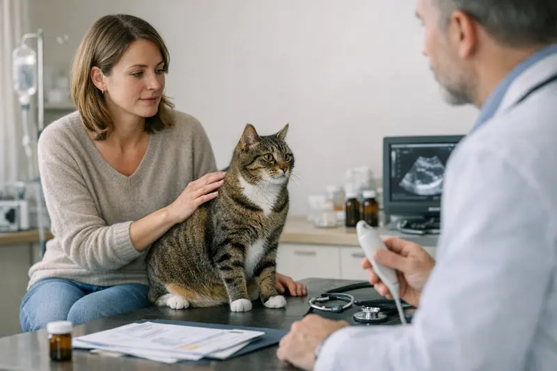 Tierarztuntersuchung Katze Eine Katze wird von einem Tierarzt untersucht, um die Notwendigkeit einer OP-Versicherung zu klären.