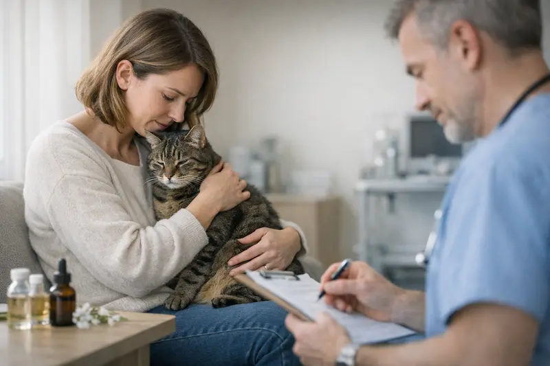Gesunde Katze mit Bachblüten Eine entspannte Katze liegt auf einer Kuscheldecke, symbolisch für die Gesundheit und das Wohlergehen von Haustieren.