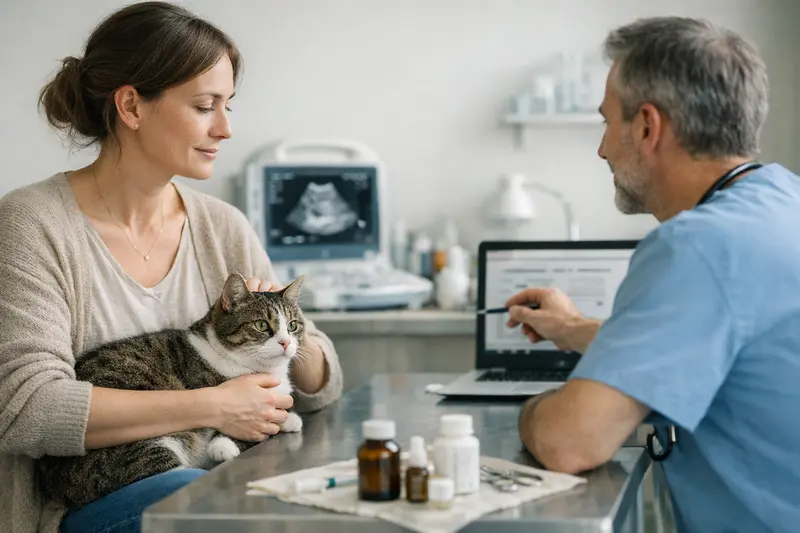 Katzenversicherung Tierarztkosten Tierärztin untersucht eine Katze, während die Halterin Fragen zu den Versicherungskosten stellt.
