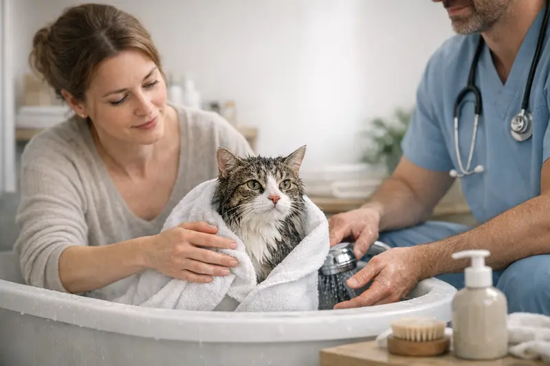 Katzenpflege: Baden oder nicht? Katzenbad mit einer Katze in der Badewanne während der Fellpflege.