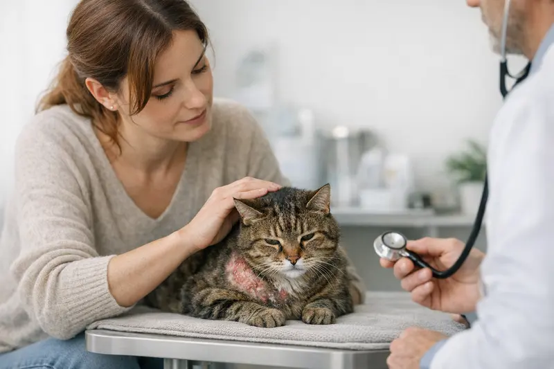 Tierarztbesuch bei Katzen Eine besorgte Katze beim Tierarzt, die auf mögliche Beschwerden überprüft wird.