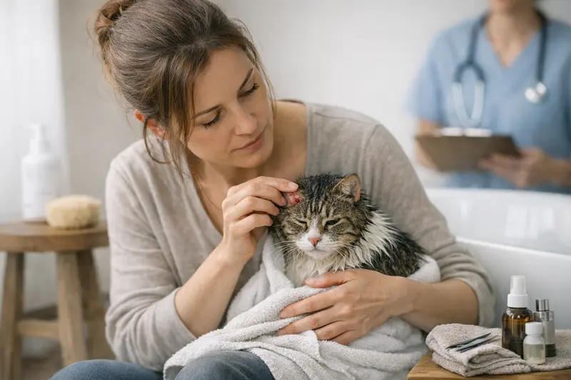 Katzenpflege bei Juckreiz und Hautproblemen Eine Katze mit Juckreiz und einem ärztlichen Blick auf die Hautgesundheit.