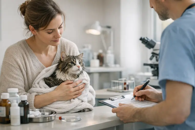 Eine Katze bei einem Tierarzt mit einem Tierarztassistenten, der Hautprobleme untersucht.