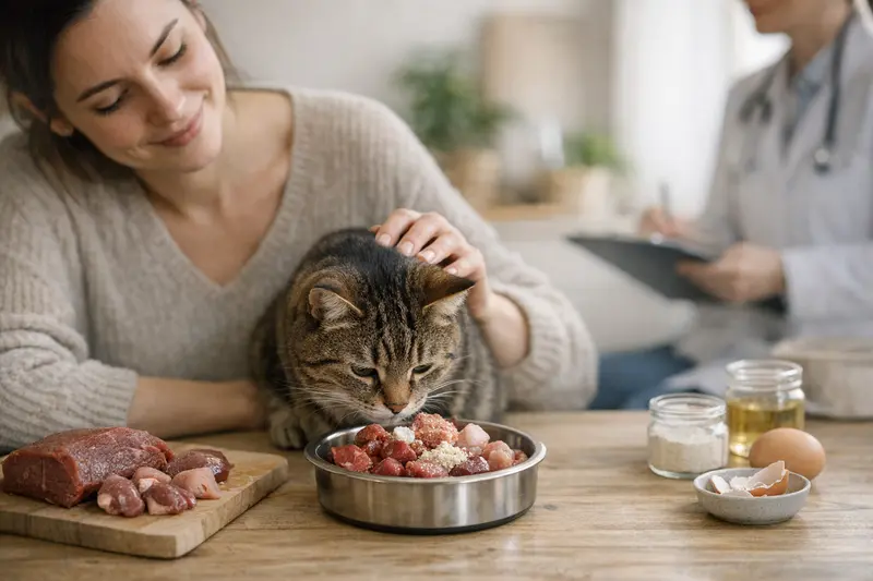 BARF für Katzen - Gesundheit und Nährstoffe Eine Katze erhält eine BARF-Mahlzeit aus frischem Fleisch und Supplementen, was für ihre Gesundheit wichtig ist.