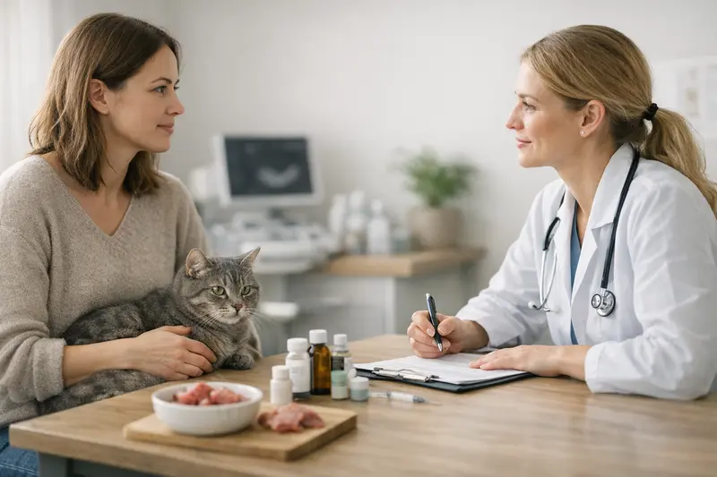 Eine Katze wird beim Tierarzt untersucht, um Gesundheitschecks für BARF gefütterte Katzen zu zeigen.