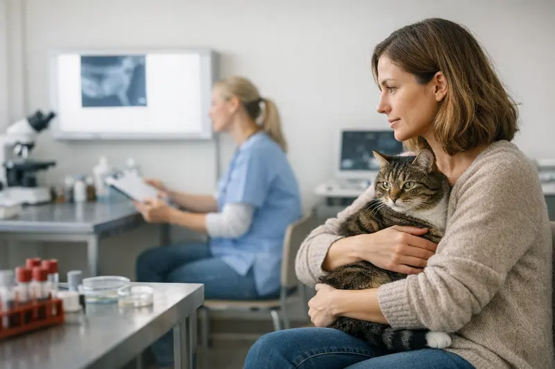 Tierarztkosten bei BARF für Katzen Katzengesundheit: Tierarzt bei einer Untersuchung einer Katze mit Schwerpunkt auf Magen-Darm-Problemen.