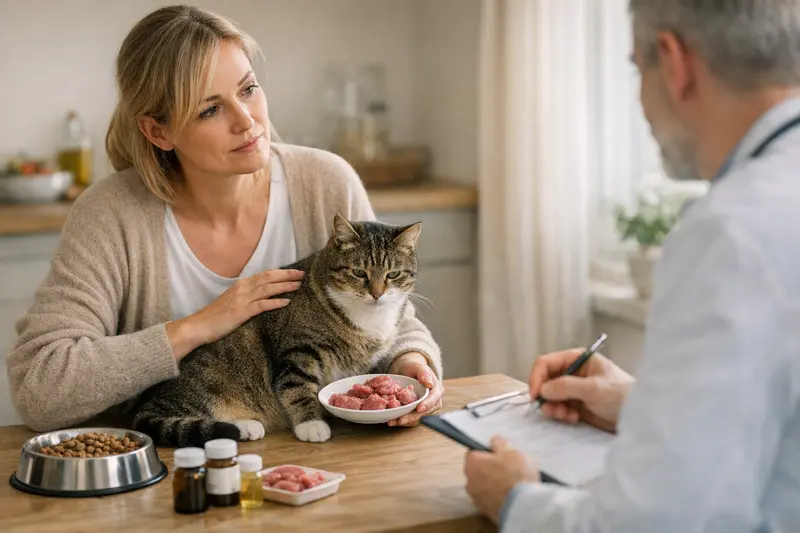 Tierarztuntersuchung einer Katze bei Fütterungsproblemen Eine Katze wird vom Tierarzt untersucht, während eine Schüssel mit Katzenfutter im Hintergrund sichtbar ist.