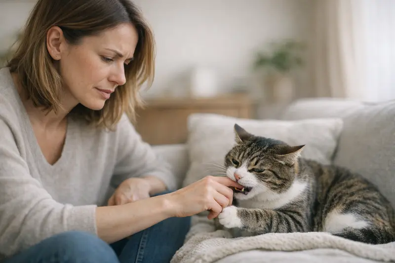 Katzenverhalten: Beißen oft nicht aggressiv Eine Katze zeigt ihr Verhalten mit Beißen, was oft nicht aggressiv ist, sondern durch Angst oder Überreizung hervorgerufen wird.