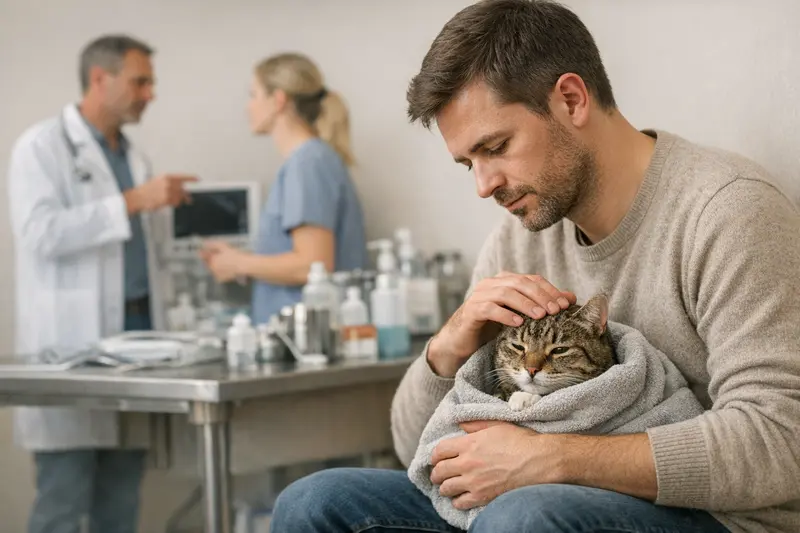 Katzengesundheit: Tierarztbesuch und Kosten Tierarzt untersucht eine Katze zur Klärung von Gesundheitsfragen und Kosten bei Behandlungen.