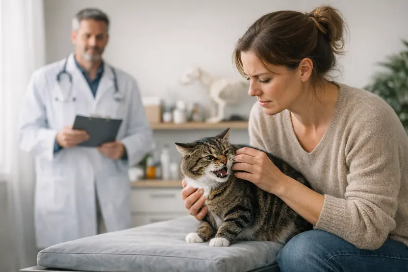 Eine Katze, die unruhig wirkt und an einem Kissen knabbert, um Beißverhalten zu verdeutlichen.
