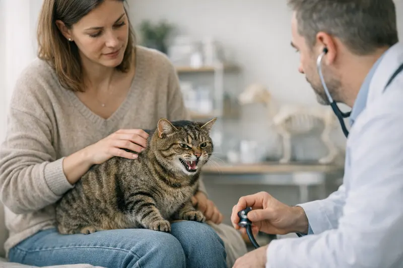 Eine Katze bei einem Tierarztbesuch zur Untersuchung ihres Beißverhaltens.