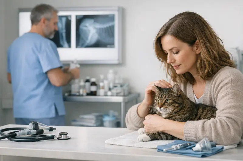 Tierarztkosten für Katzenabklärung Eine Katze beim Tierarzt zur Untersuchung von Gesundheit und möglichen Kosten.