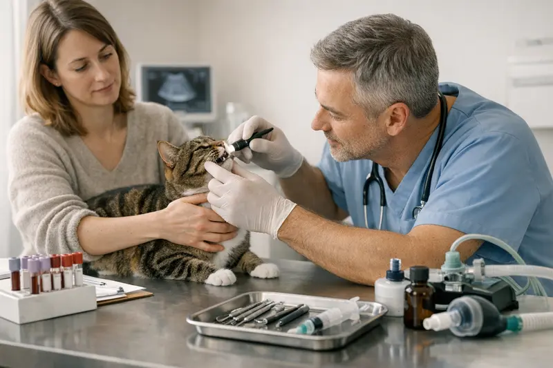 Tierarztkosten für Katzen verstehen Eine Katze während einer tierärztlichen Untersuchung mit einem Tierarzt.