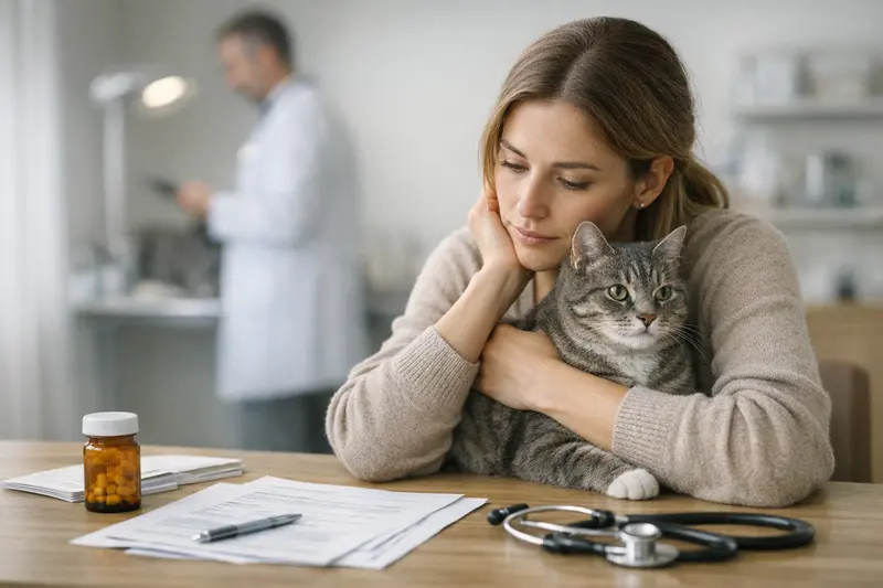 Katzenkrankenversicherung vergleichen Eine besorgte Katzenhalterin betrachtet ihre Katze beim Tierarzt und überlegt, welche Katzenkrankenversicherung die beste Wahl ist.