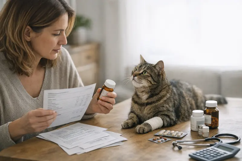 Eine Katze beim Tierarzt, umgeben von medizinischen Utensilien und Versicherungsunterlagen.