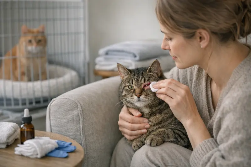 Bindehautentzündung bei Katzen Eine Katze mit entzündeten Augen sitzt in ihrem Körbchen und schaut besorgt.