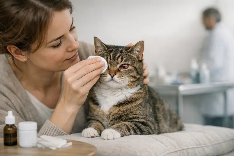 Katzenaugenentzündung und Versicherungskosten Tierärztlicher Blick auf eine Katze mit Augenentzündung zur Veranschaulichung der Kosten und Versicherungsfragen.