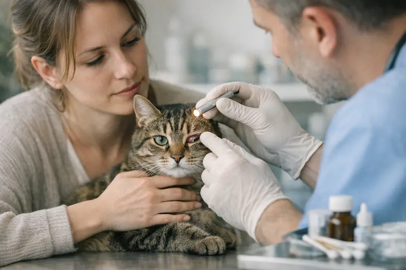 Tierarzt untersucht die Augen einer Katze mit Bindehautentzündung, um die typischen Behandlungskosten zu ermitteln.