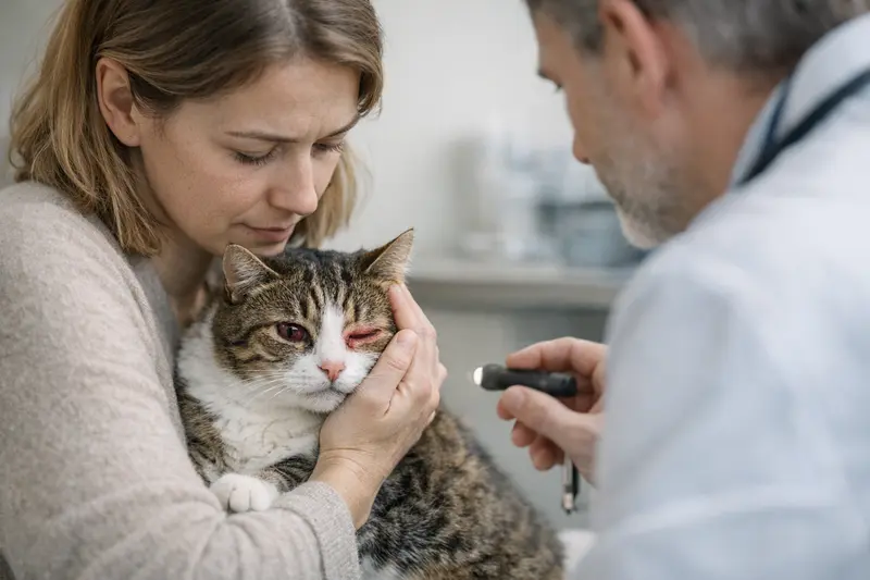 Eine Katze mit geröteten Augen, die zum Tierarzt gebracht wird