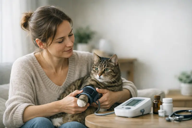 Bluthochdruck bei Katzen erkennen und behandeln Eine kontrollierte Katze beim Tierarzt zur Überprüfung auf Bluthochdruck.