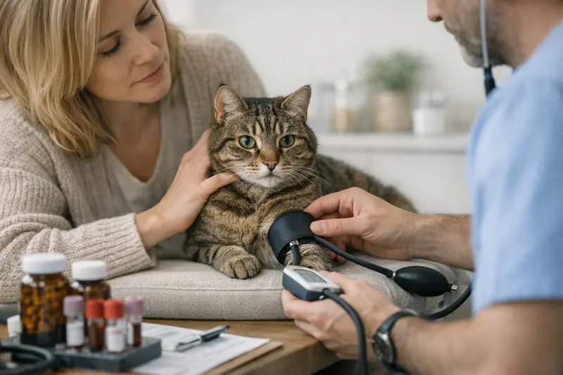Katzenhalter in der Tierarztpraxis mit Katze zur Blutdruckmessung
