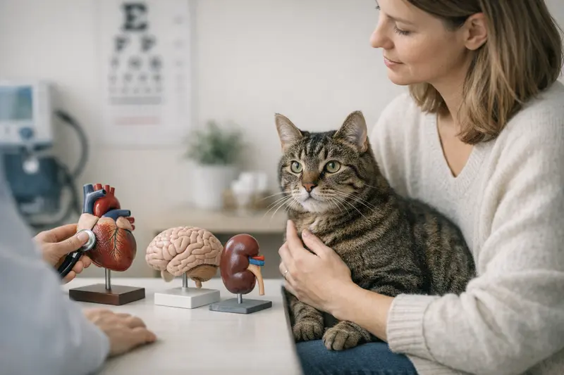 Katzenuntersuchung bei Bluthochdruck Eine Katze wird von einem Tierarzt untersucht, um mögliche Symptome von Bluthochdruck zu überprüfen.