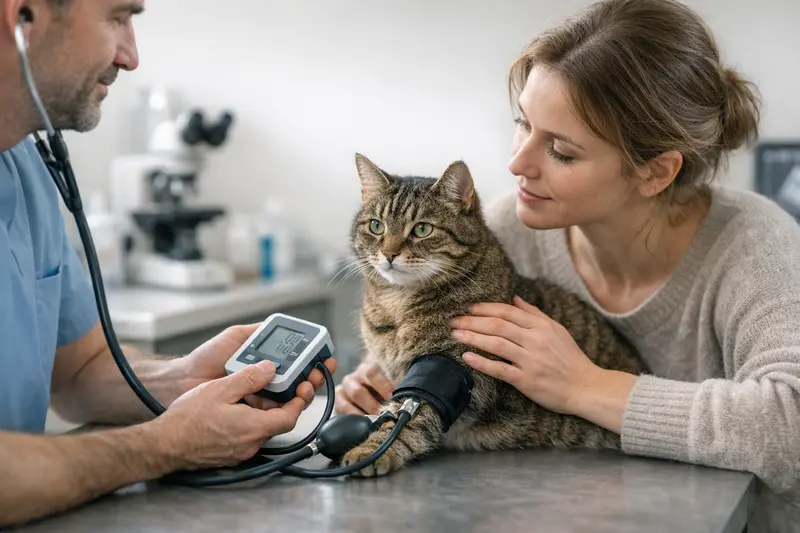 Blutdruckmessung bei Katzen Tierarzt misst den Blutdruck einer Katze zur Feststellung von Bluthochdruck.