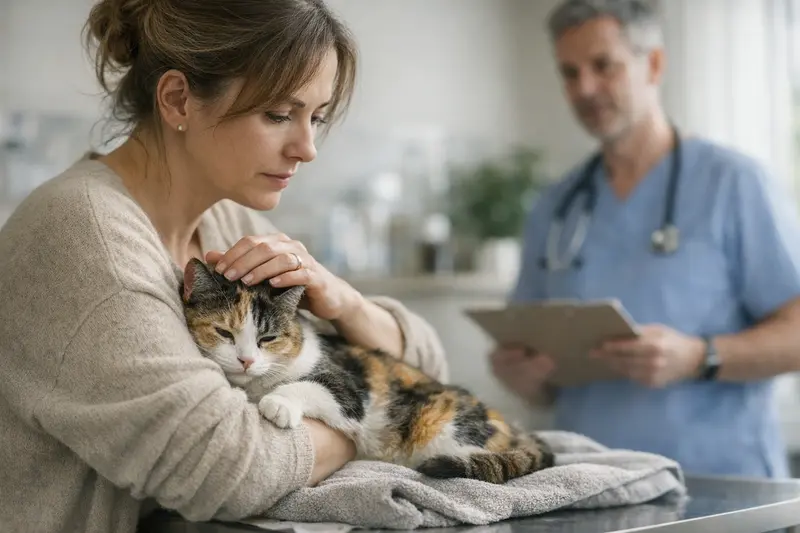 Tierarztbesuch bei rolliger Katze Tierarzt bei der Untersuchung einer rolligen Katze aufgrund von gesundheitlichen Anzeichen.
