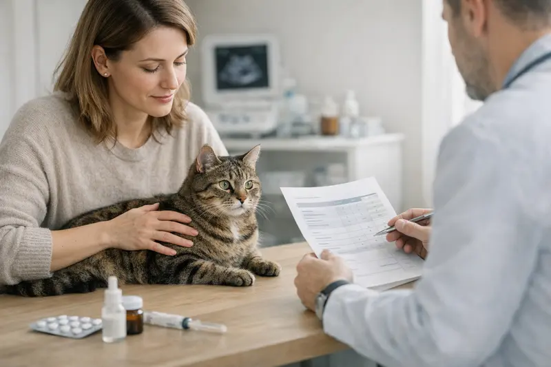 Eine Katze wird von einem Tierarzt untersucht, während der Halter Fragen zu Tarifvergleichen stellt.