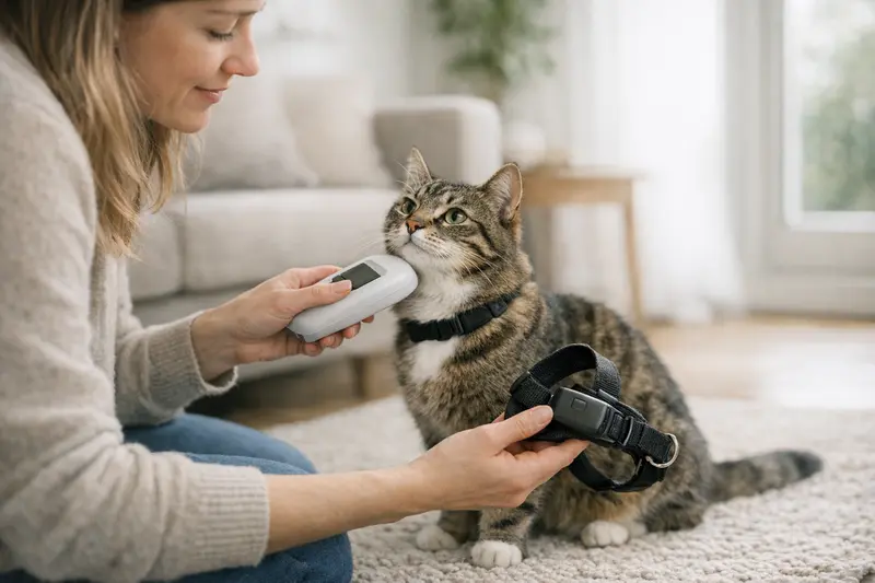 Eine Katze mit einem GPS-Tracker und einem Mikrochip zur Identifikation.
