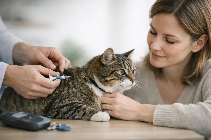 Katzenversicherung und Chipkosten Ein Katzenhalter mit seiner Katze, die gerade gechipt wird, unterstreicht die Bedeutung der Gesundheitsvorsorge.