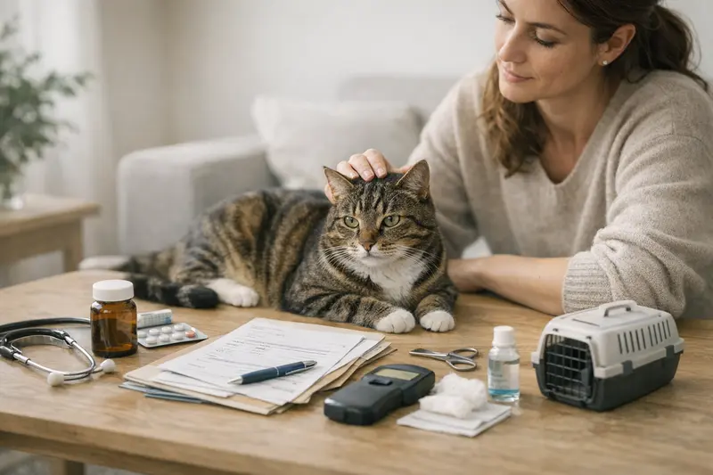 Tarifunterschiede bei Katzenversicherungen Eine besorgte Katze mit einem Tierarzt im Hintergrund, die die verschiedenen Tarifunterschiede bei Katzenversicherungen verdeutlicht.