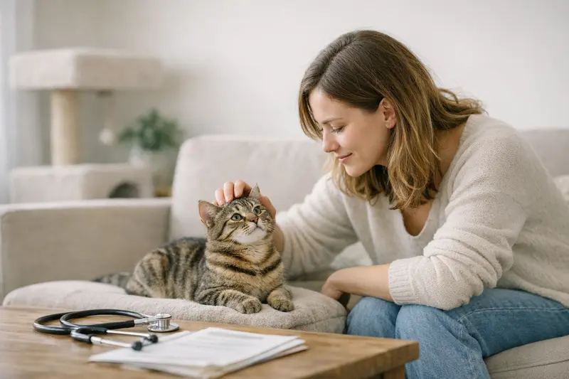 Junge gesunde Katze und Versicherung Eine gesunde, junge Katze spielt und zeigt ihre Vitalität, während sie auf einem Tisch sitzt, der mit Tierarztunterlagen bedeckt ist.