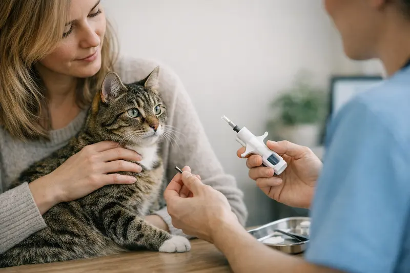 Kostenübernahme für Katzenchippen Katzentierarzt der ein Tierchen chippt, was durch eine Katzenversicherung abgedeckt werden kann.