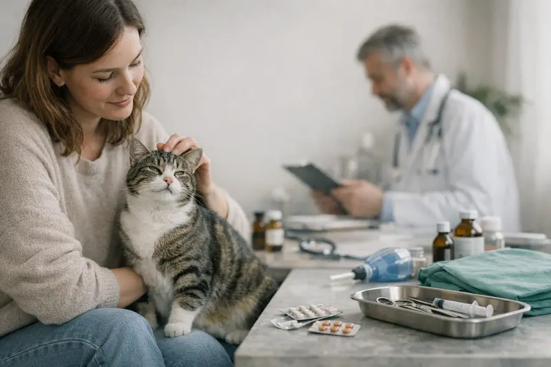 Untersuchung von Katzen beim Tierarzt Zwei Katzen bei einer Untersuchung beim Tierarzt, symbolisieren die Unterschiede zwischen OP- und Krankenversicherung.