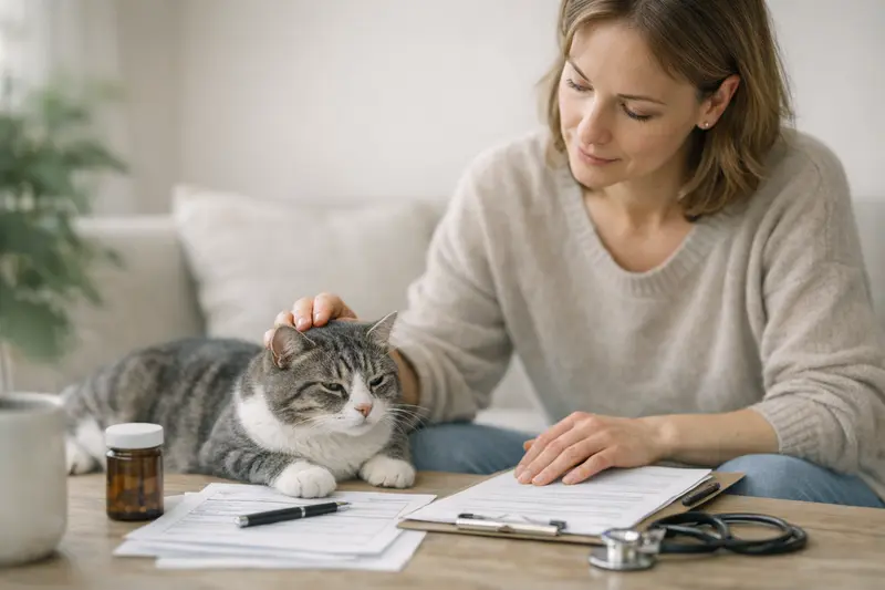 Detailaufnahme einer Katze beim Tierarzt, die über Vorerkrankungen in der Katzenversicherung informiert wird.